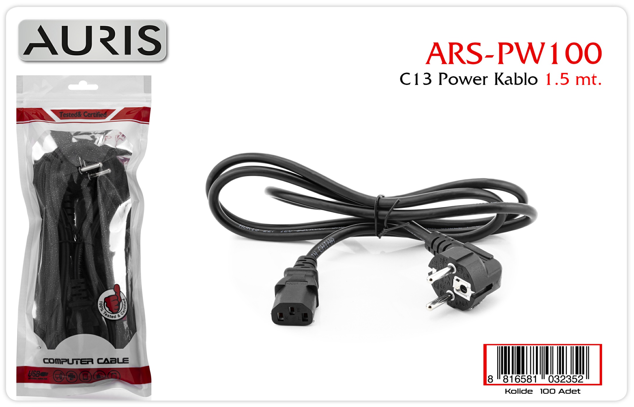 Auris ARS-PW100 1-5M C13 Power Enerji Güç Kablosu  PC Bilgisayar Kasa  Kasa İçin Uyumlu